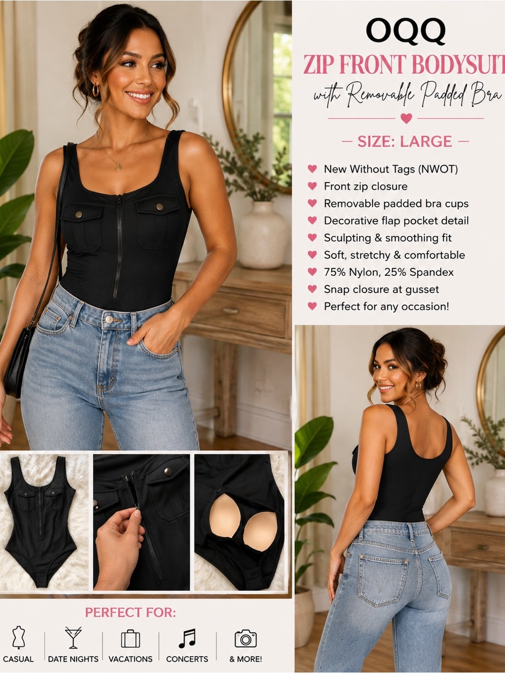 OQQ Black Zip-Front Bodysuit with Removable Padded Bra